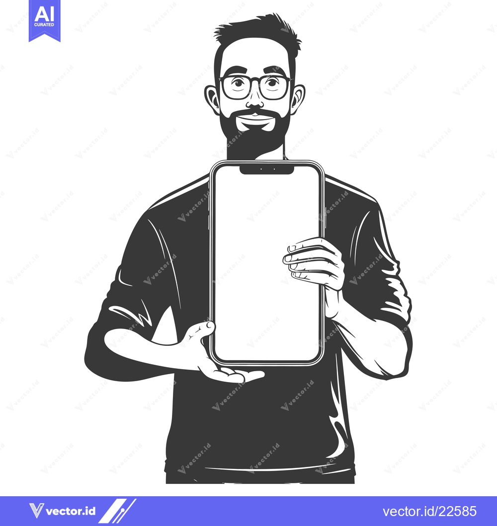 Premium Vector of Bearded Man in Glasses Holding Smartphone with Blank Screen