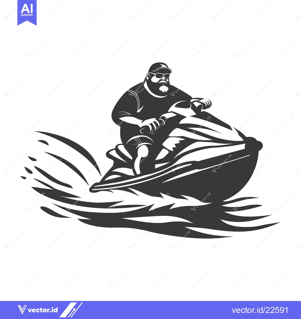 Premium Vector of Bearded Man Riding A Jet Ski Through Waves
