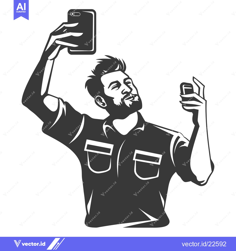 Premium Vector dari Bearded Man Taking a Selfie with Two Phones