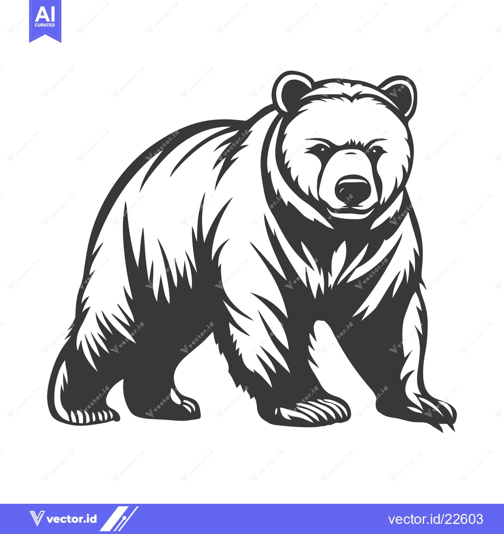 Premium Vector dari This black and white drawing illustrates a large walking bear