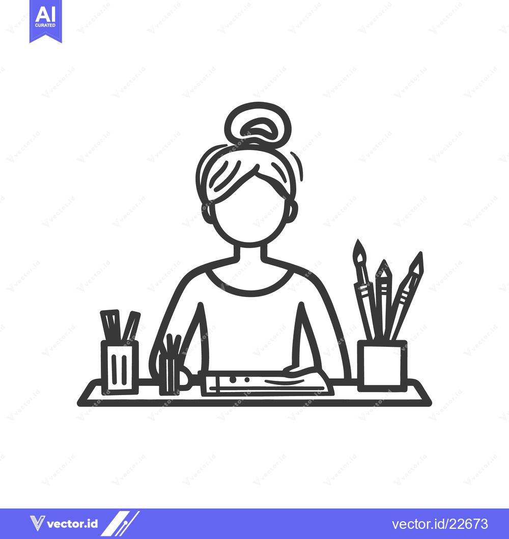 Premium Vector dari An artist sits at their desk with artistic supplies ready to create