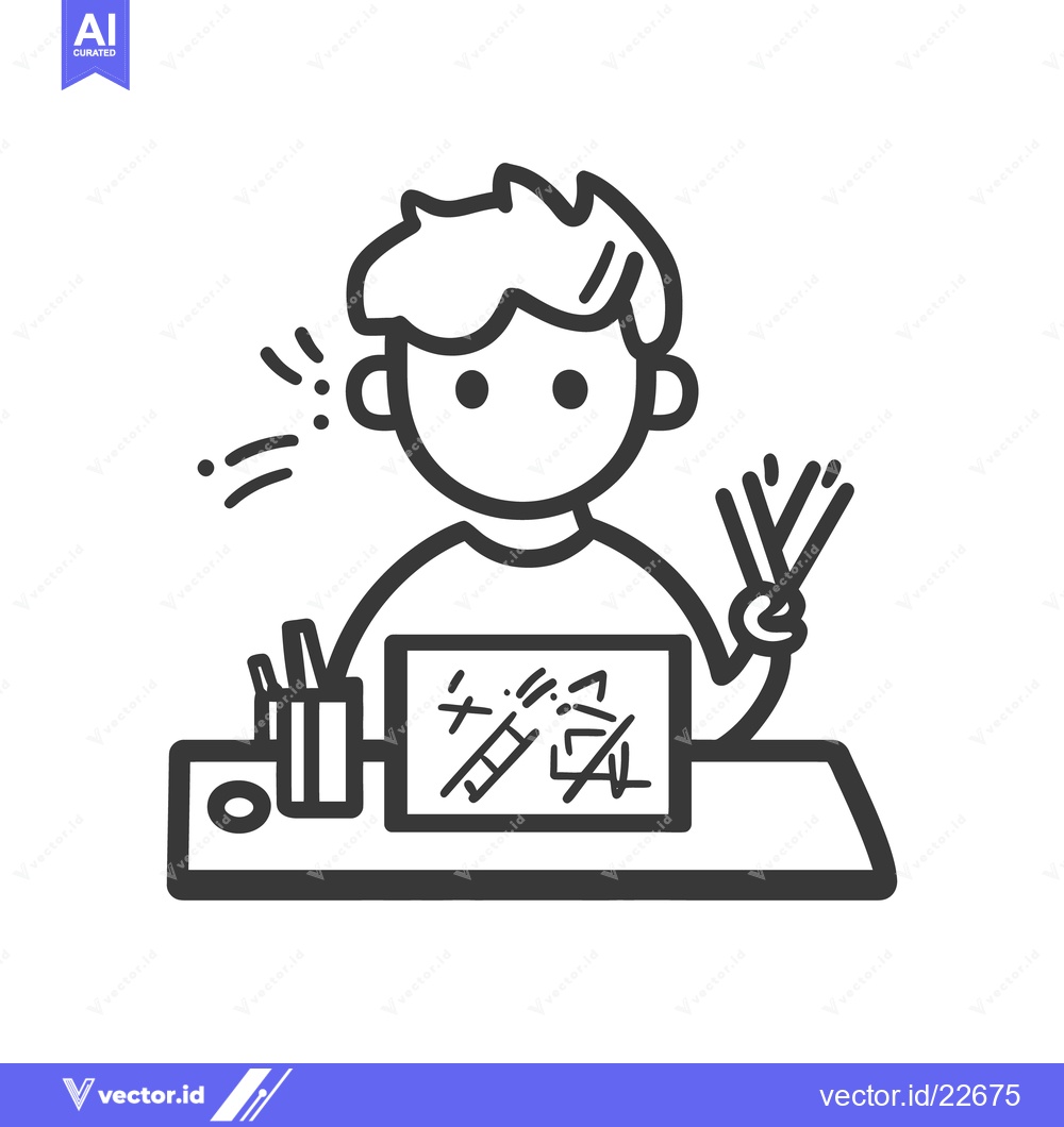 Premium Vector of A cartoon figure is writing or drawing on a small tabletop