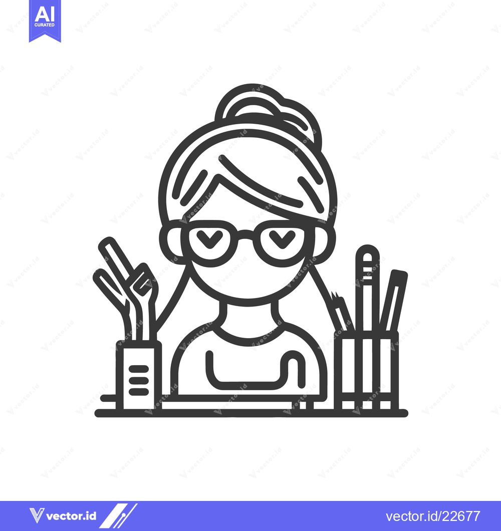 Premium Vector of Line art illustration of a woman with glasses and art supplies