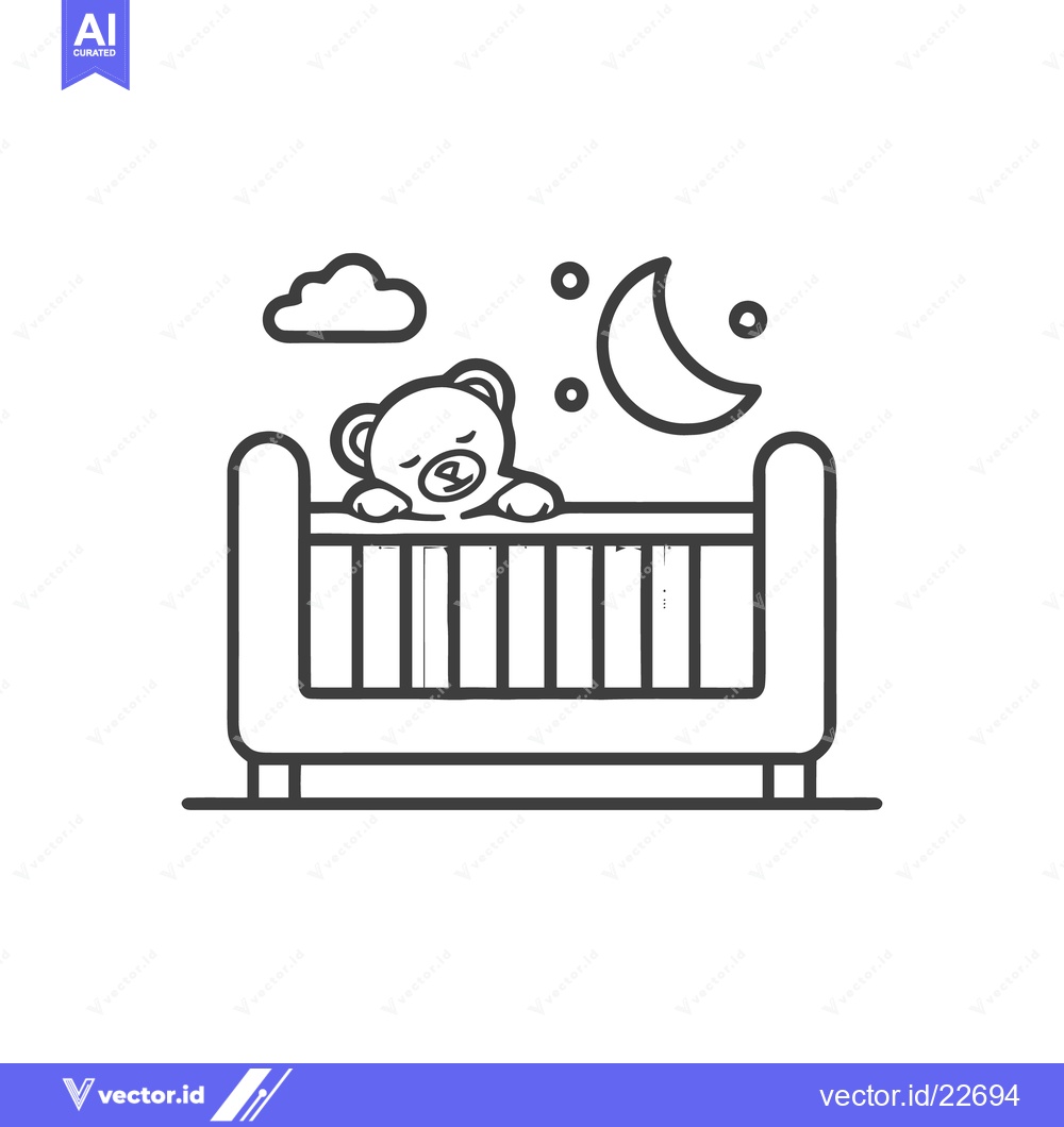 Premium Vector dari Sleeping Teddy Bear in Crib, Night Sky Icon, Line Art Illustration