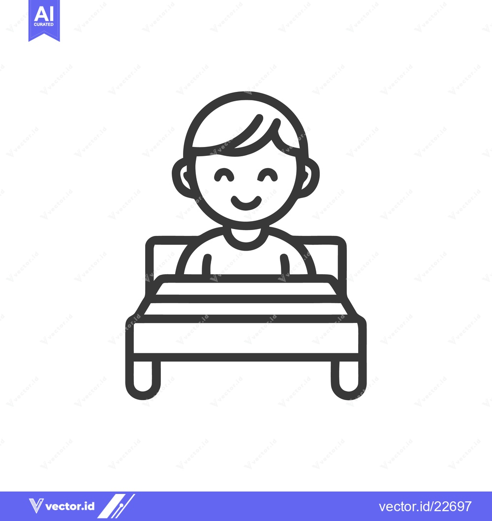 Premium Vector of Minimalist Boy in Bed Icon: Sleepy, Smiling, Linear Design