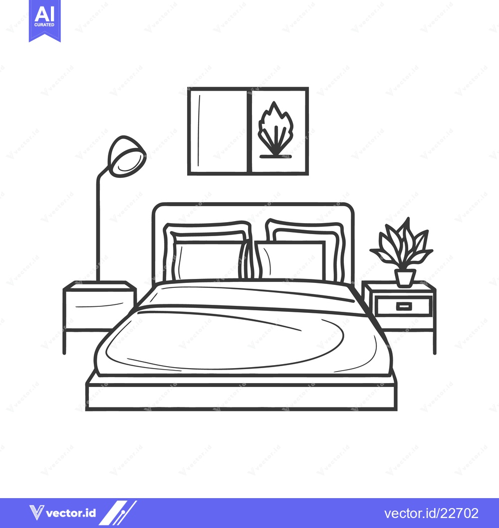 Premium Vector of Minimalist bedroom interior with bed pillows art and plant