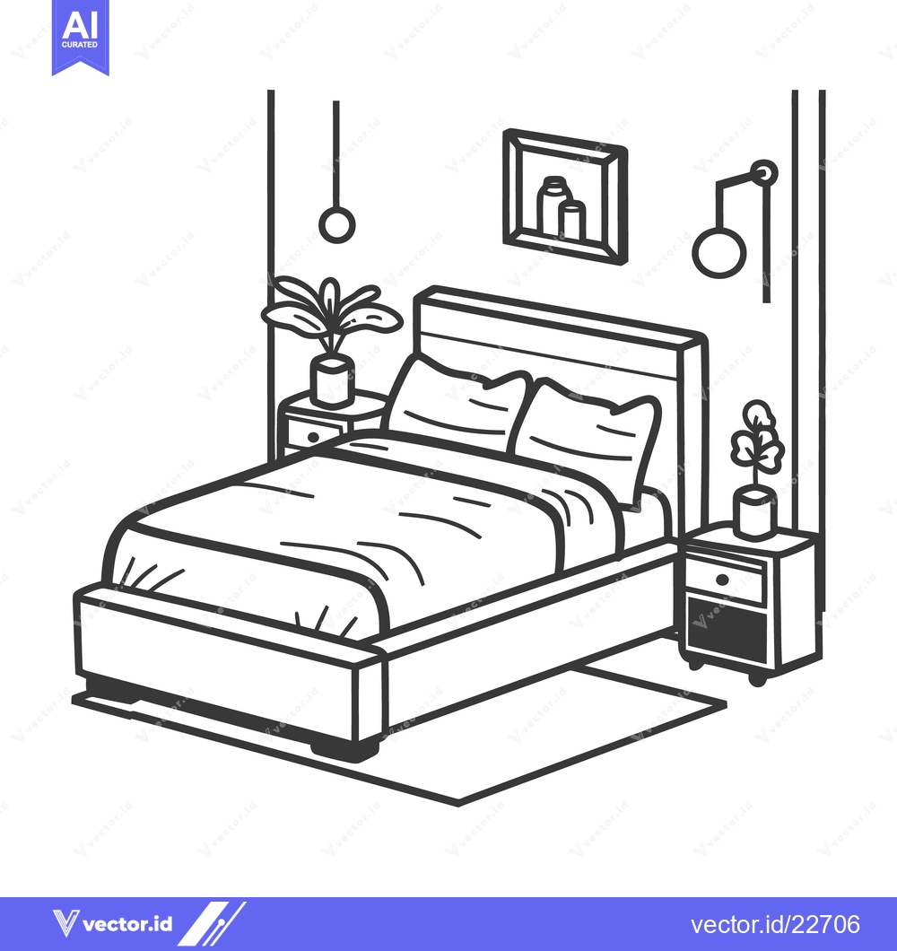 Premium Vector dari A black and white line art illustration of a bedroom interior