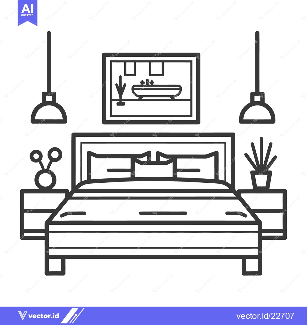 Premium Vector dari Simple line art depicts a modern furnished bedroom interior space