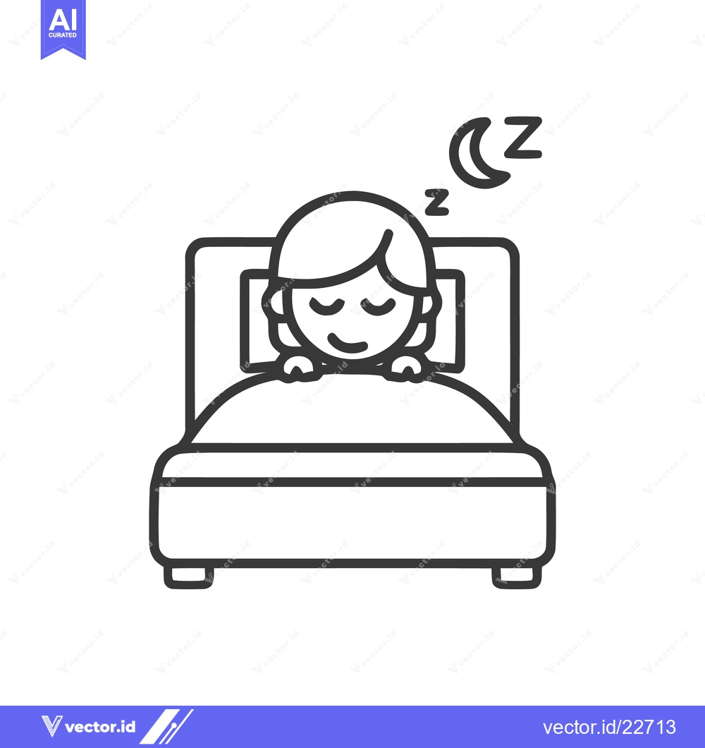 Premium Vector dari Sleeping Girl in Bed with Moon and Zzz Icon, Outline Style
