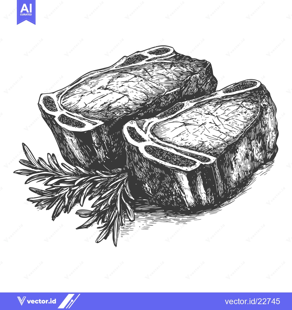 Premium Vector dari Close up view of two juicy steaks with herbs and rosemary