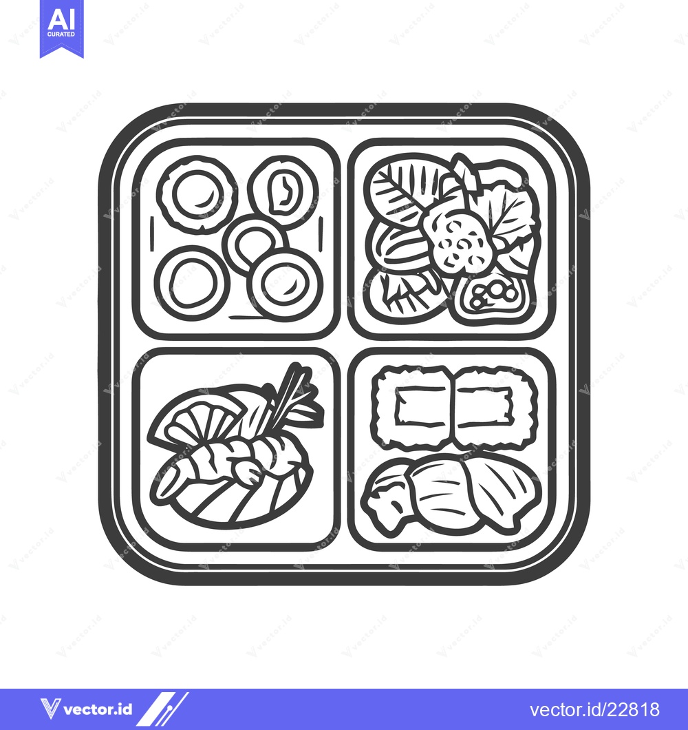 Premium Vector of Bento Box Line Art: Japanese Cuisine Assortment in Square Container
