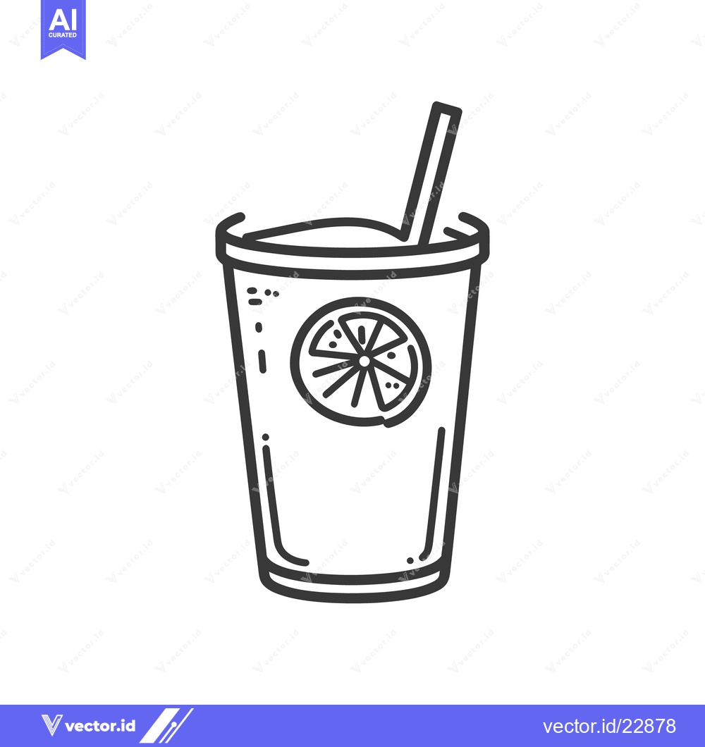 Premium Vector of Black and white illustration depicts a refreshing beverage with a stra