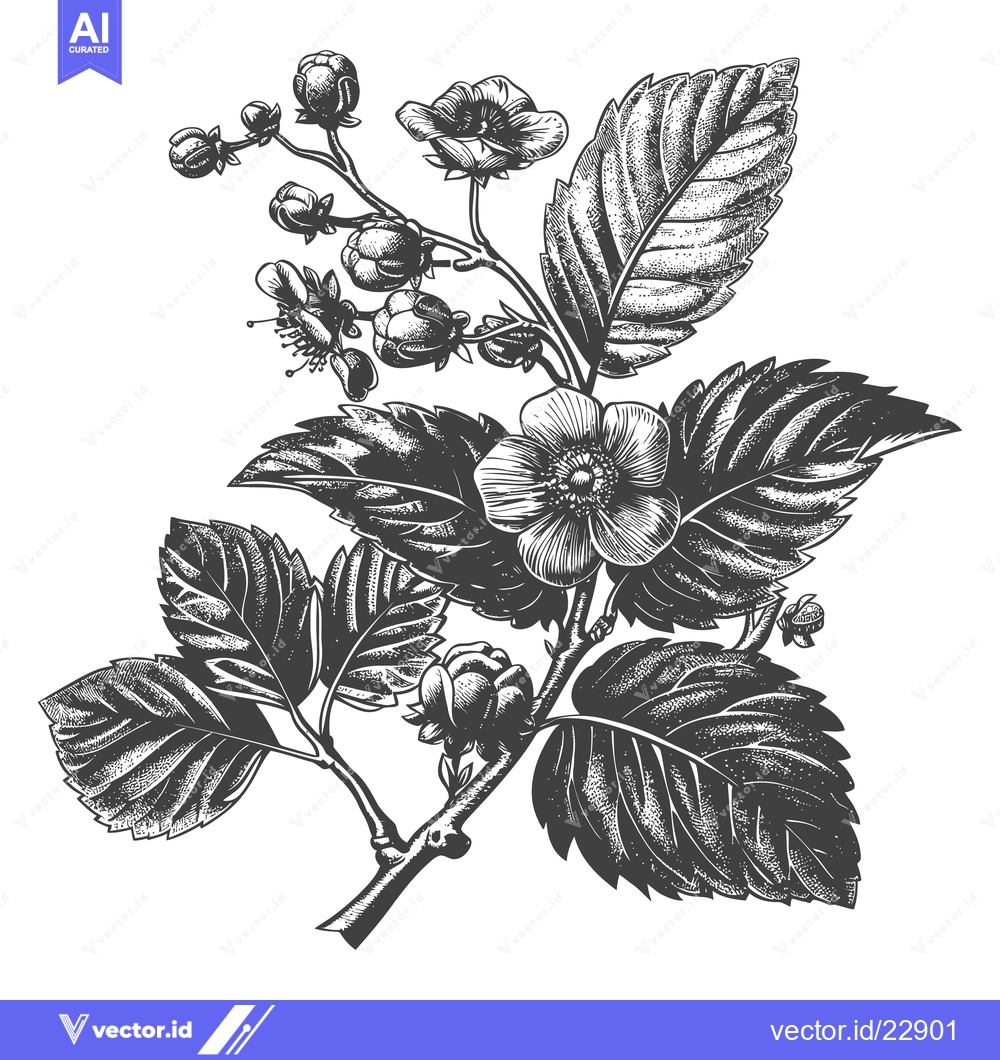 Premium Vector of Detailed illustration of a flowering plant branch with leaves and buds