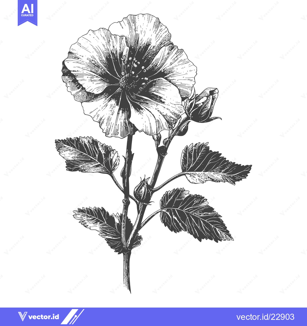 Premium Vector dari A Detailed Ink Drawing of a Hibiscus Flower and Buds