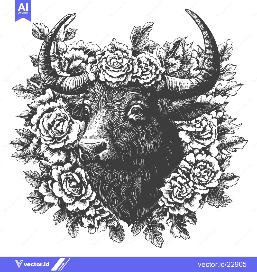 Premium Vector of Majestic Bull Head Adorned With A Floral Wreath