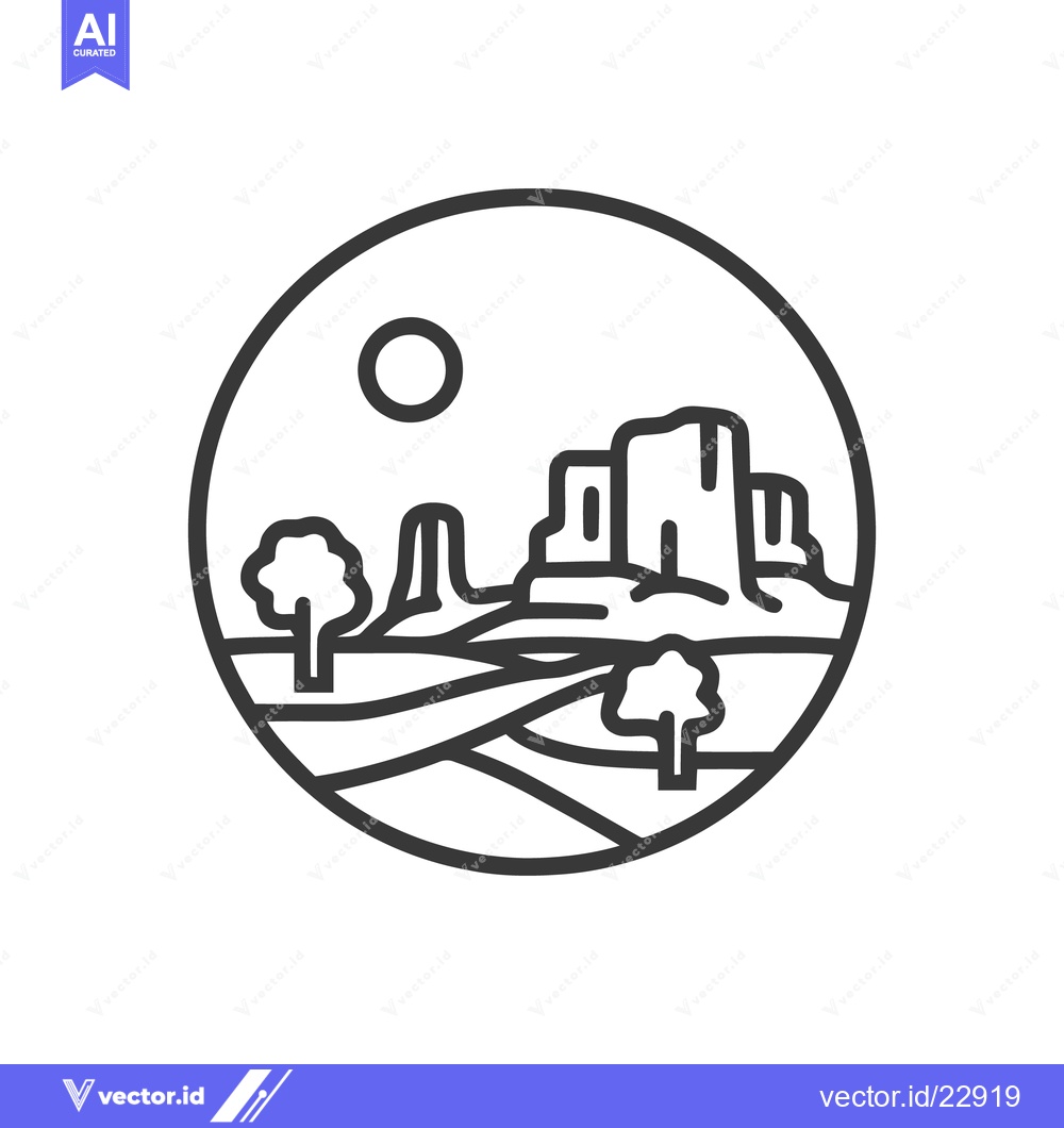 Premium Vector dari Minimalist Desert Landscape Icon with Rock Formations and Trees in Cir
