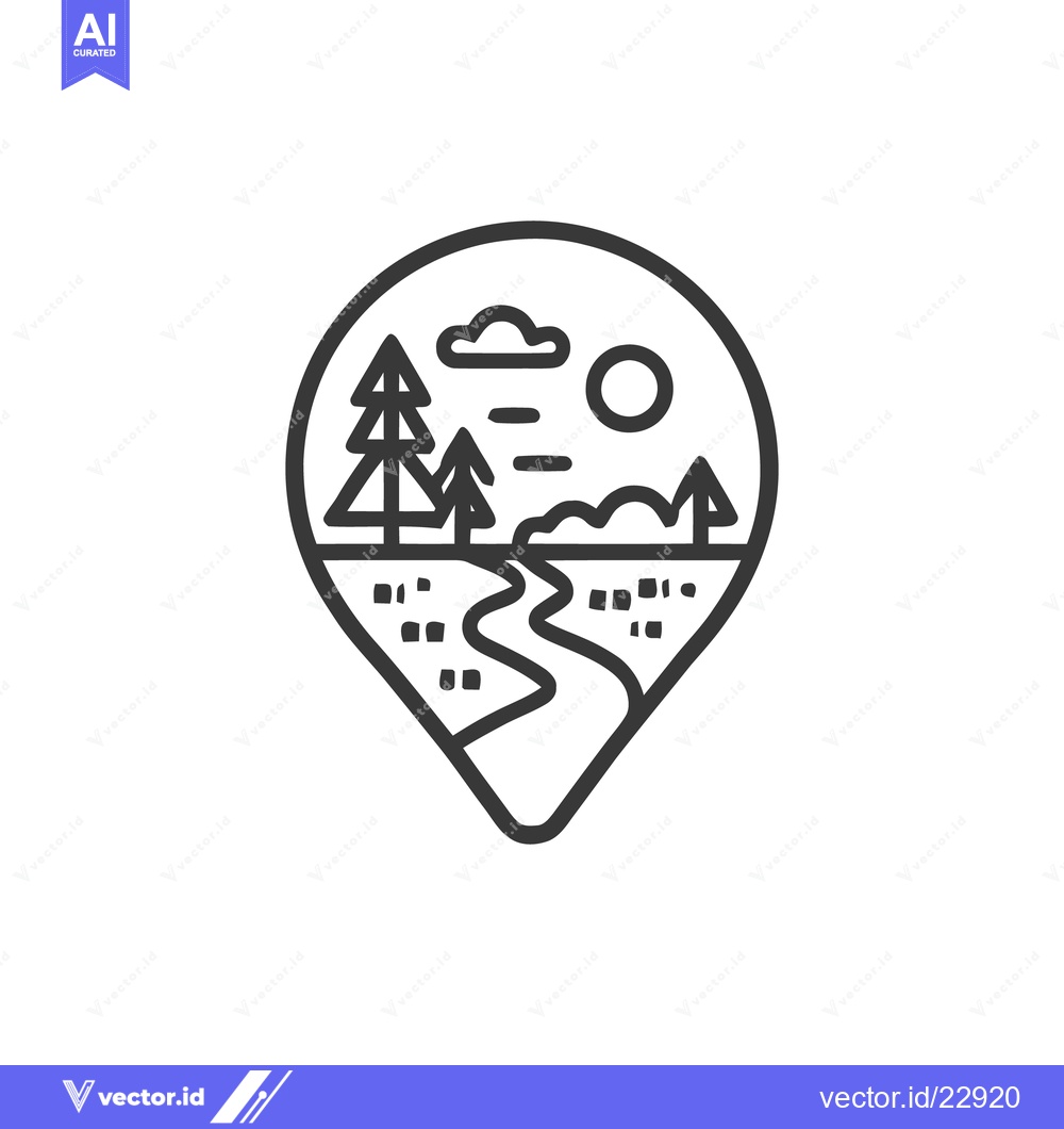 Premium Vector dari Minimalist Landscape Icon: Pine Trees, River, and Sun in Locator Shape