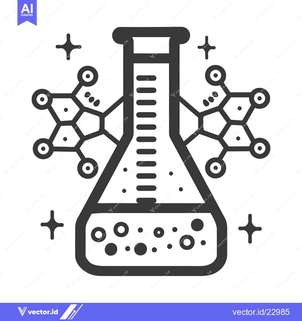Premium Vector of A laboratory flask with molecular structures and sparkling symbols