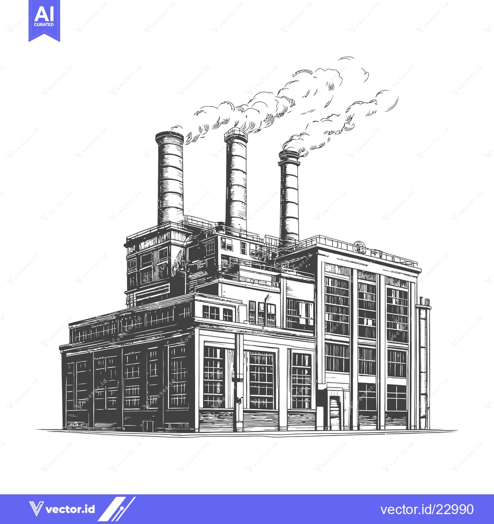 Premium Vector of Industrial Factory Building With Three Tall Smoke Stacks