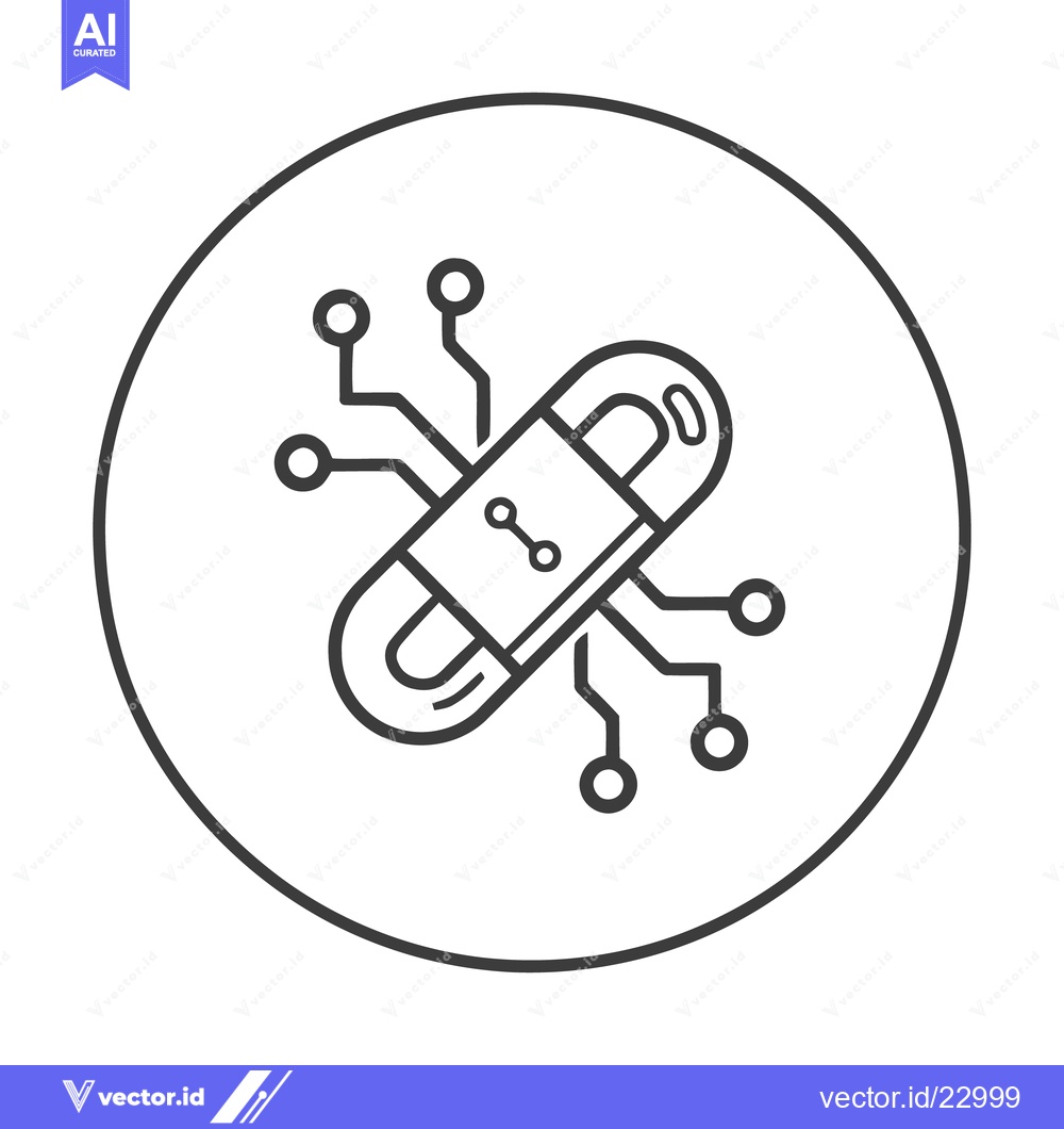 Premium Vector dari Digital Medicine: Capsule with Circuit Board in Circular Frame, Line A
