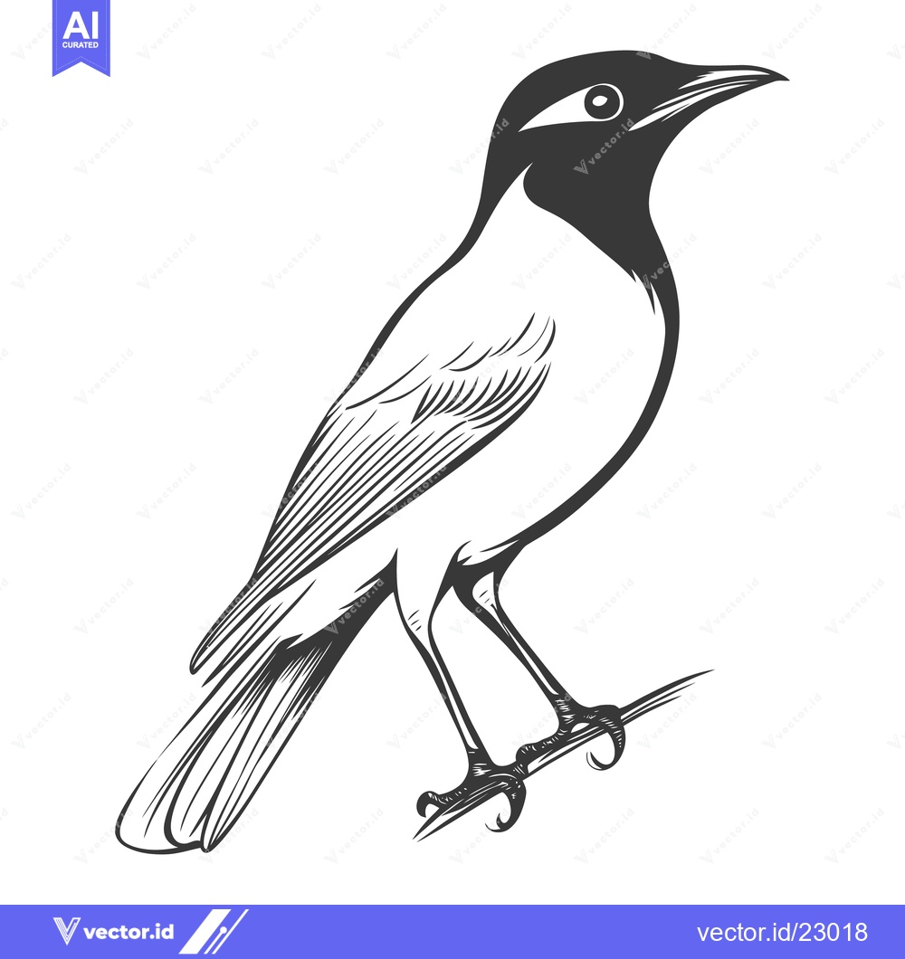 Premium Vector dari A monochrome illustration of a bird perched on a twig