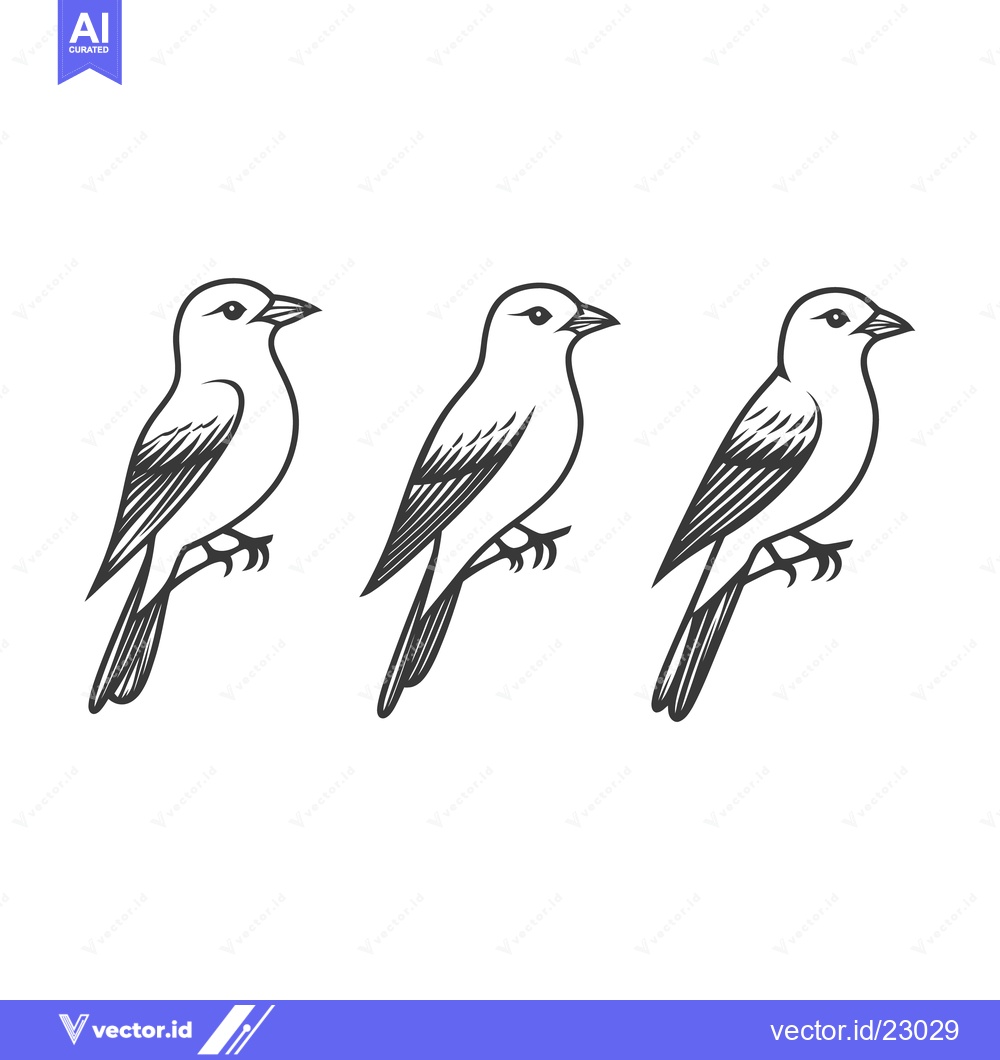 Premium Vector dari Three black and white line art birds are perched on a branch