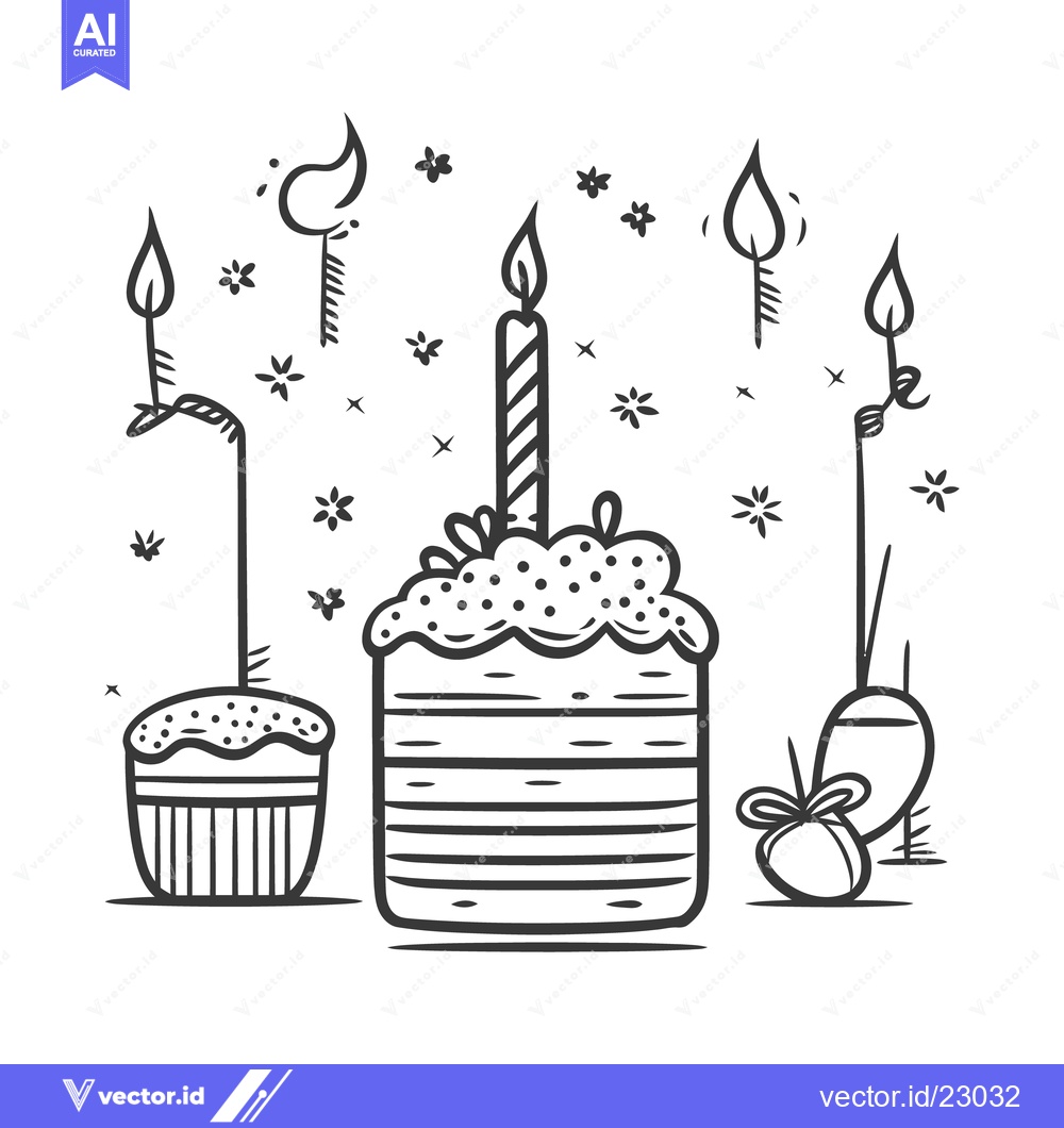 Premium Vector of Hand drawn illustration depicts birthday cakes and celebratory decorat