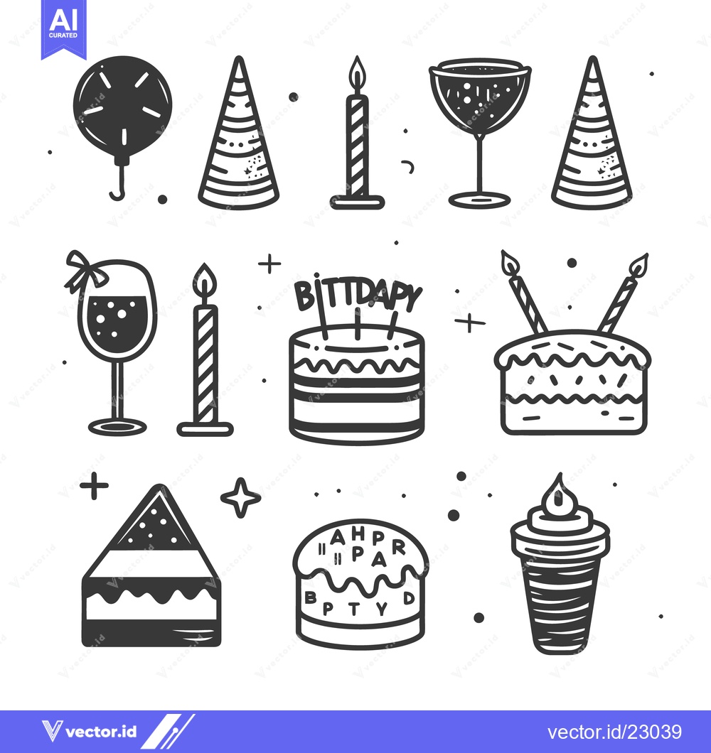 Premium Vector dari Black and white illustrations of different birthday party elements