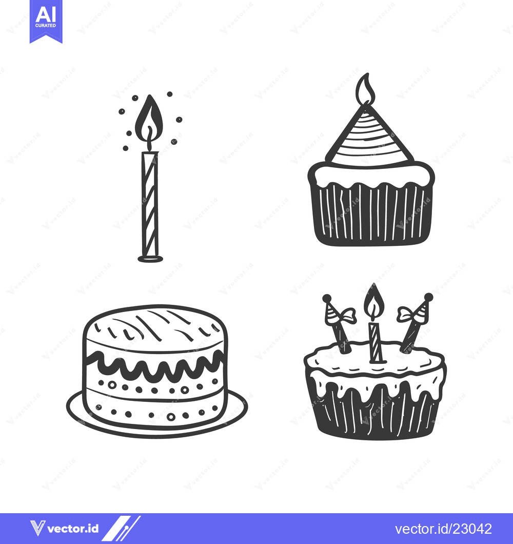 Premium Vector dari Four illustrated birthday treats containing candles are displayed plai