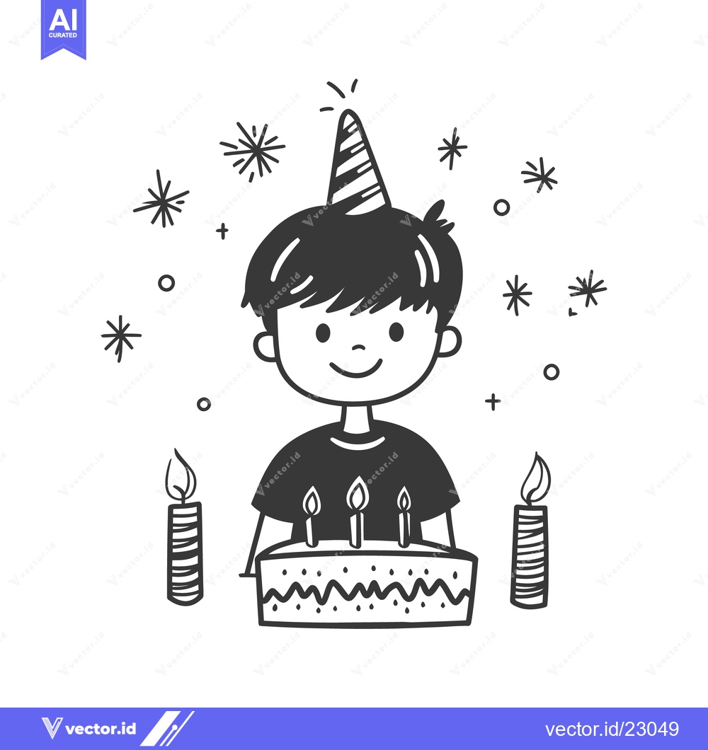 Premium Vector of A happy young boy celebrates a birthday with a cake