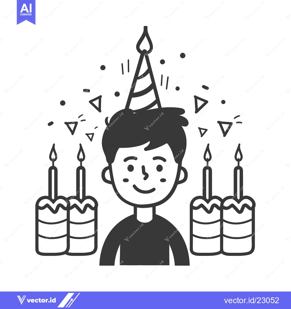Premium Vector dari A smiling person wearing a party hat with cakes and decorations