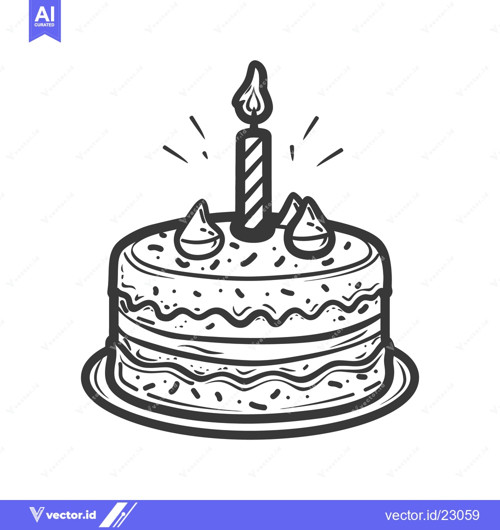 Premium Vector dari A birthday cake with a lit candle and decorative frosting details