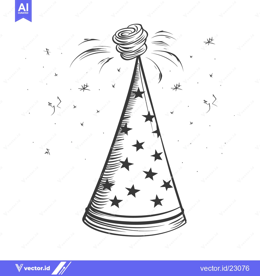 Premium Vector dari A conical party hat decorated with stars and a noisemaker
