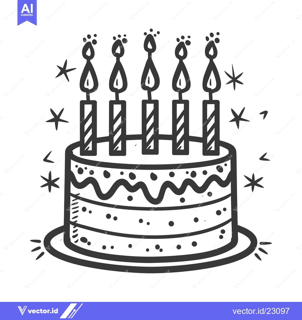Premium Vector dari A delicious layered birthday cake with lit candles and festive stars