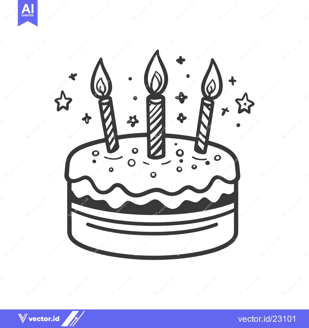 Premium Vector dari A decorated birthday cake with three lit candles and stars
