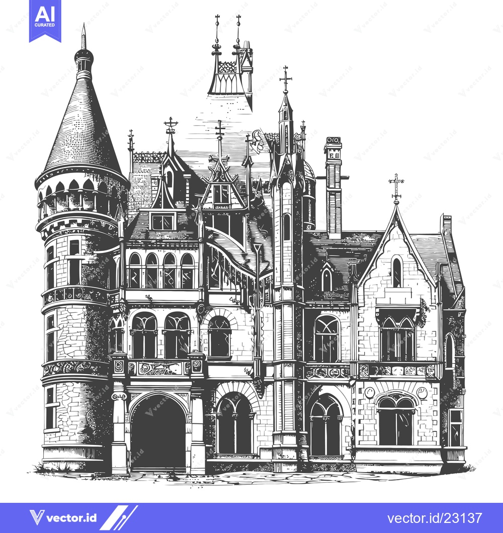 Premium Vector of A Detailed Drawing Of An Ornate Gothic Style Mansion