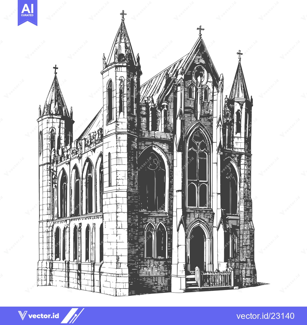 Premium Vector of Gothic Style Church Architectural Drawing Illustration