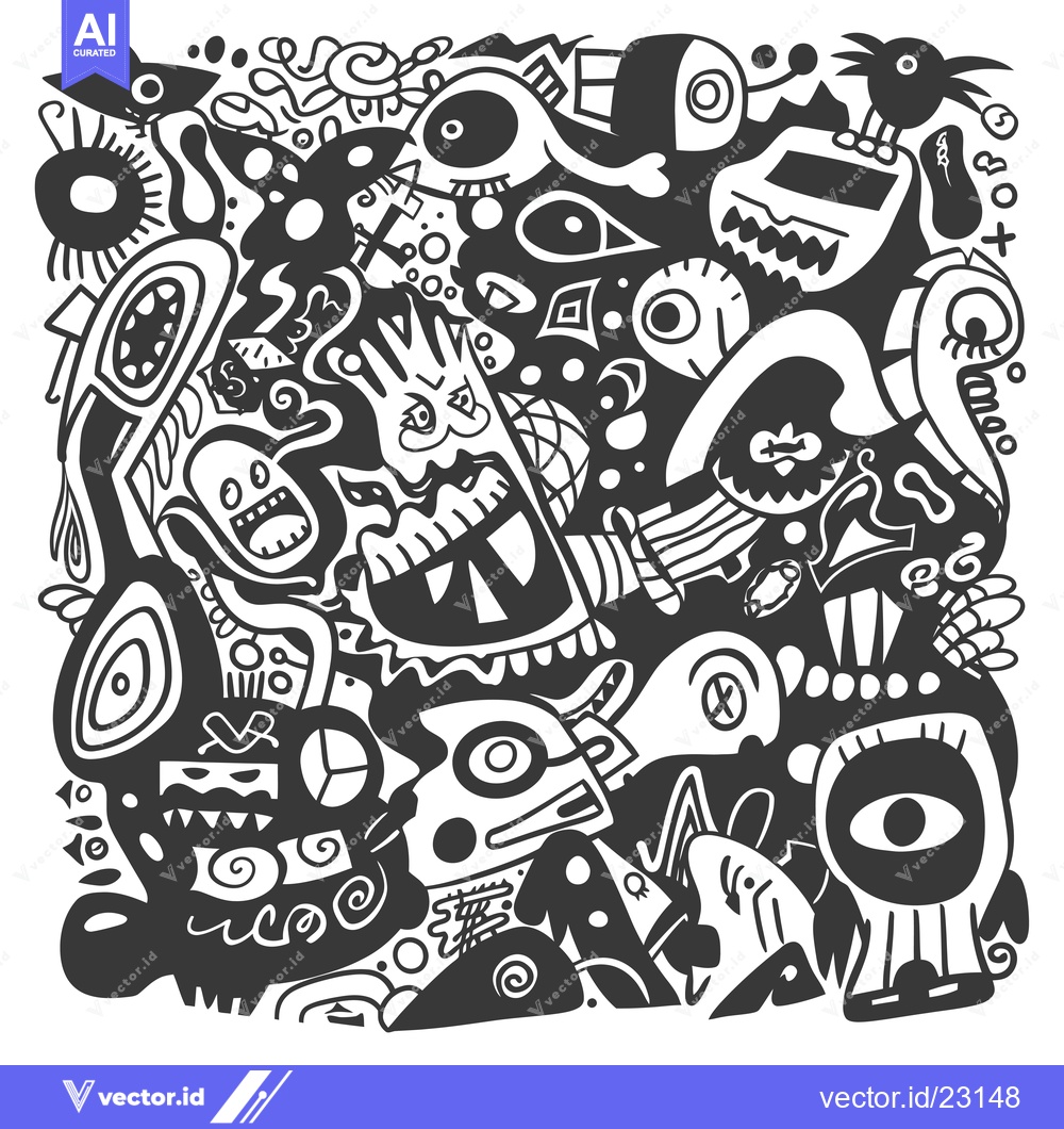 Premium Vector of Black and White Abstract Doodle Art with Various Shapes and Eyes