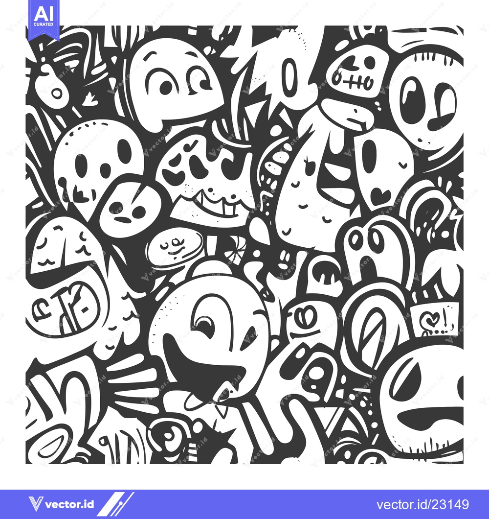 Premium Vector of Black and White Abstract Doodle Art with Various Shapes and Facial Fea
