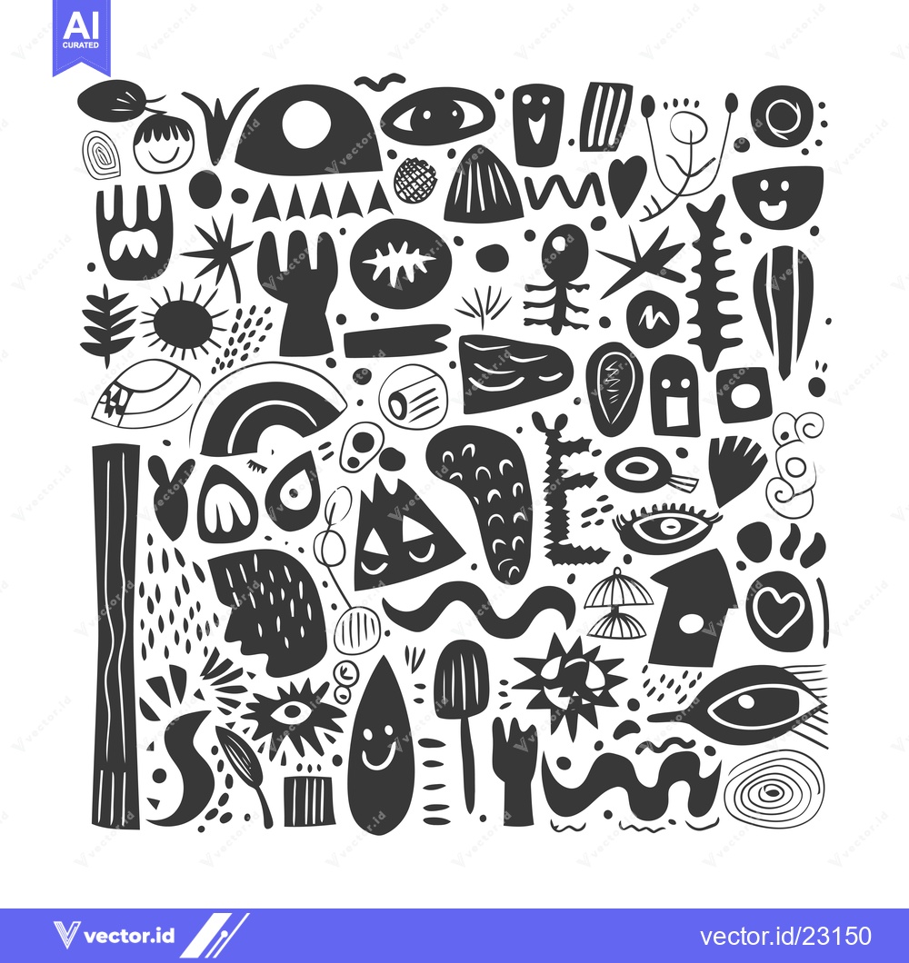 Premium Vector dari Black and White Abstract Doodle Pattern with Geometric Shapes, Eyes, a
