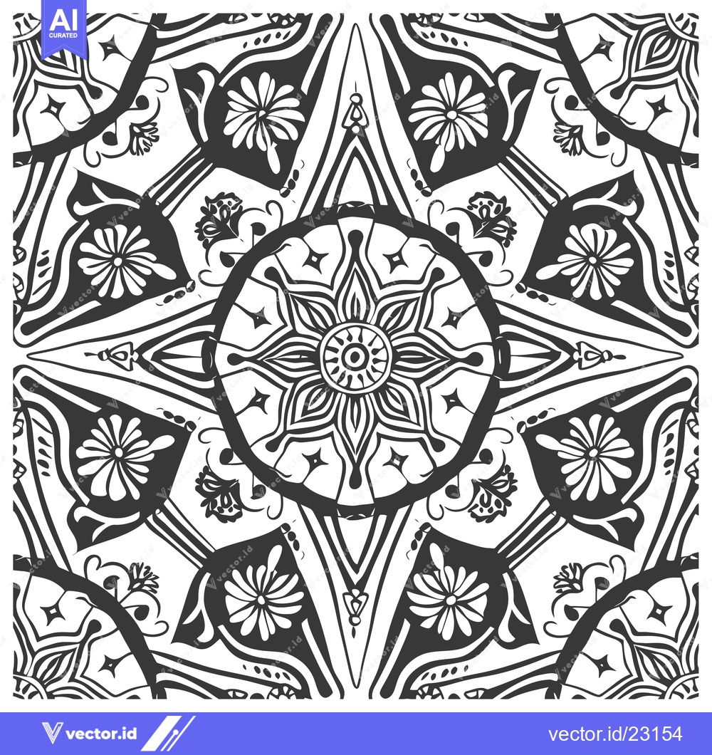Premium Vector dari Black and White Abstract Floral Pattern with Central Mandala