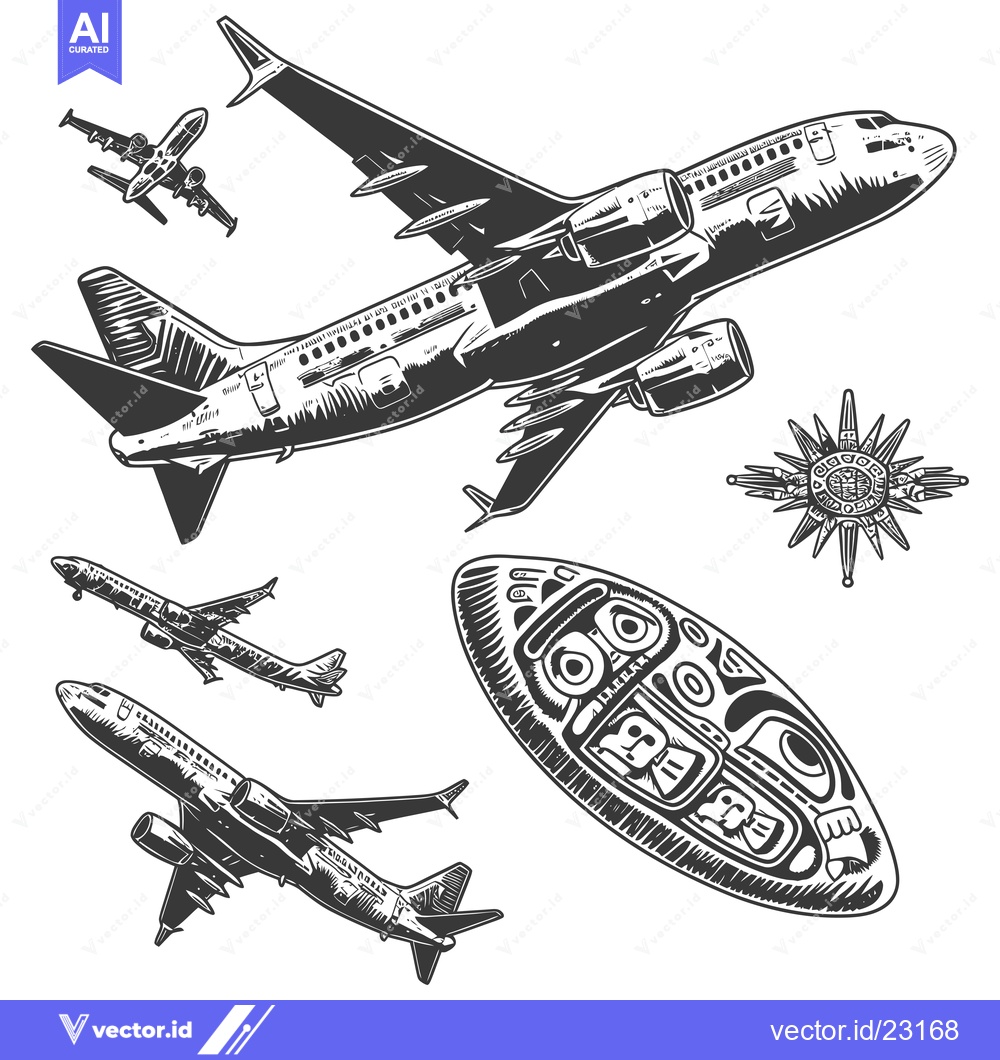 Premium Vector of Black and White Airplane Illustration with Geometric Designs