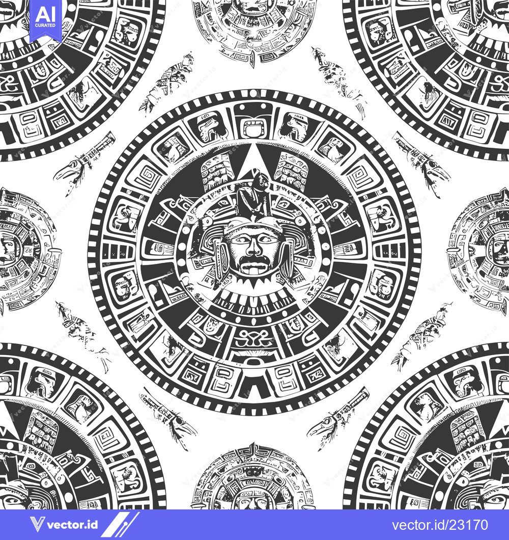 Premium Vector dari Black and White Aztec Calendar Pattern with Central Face