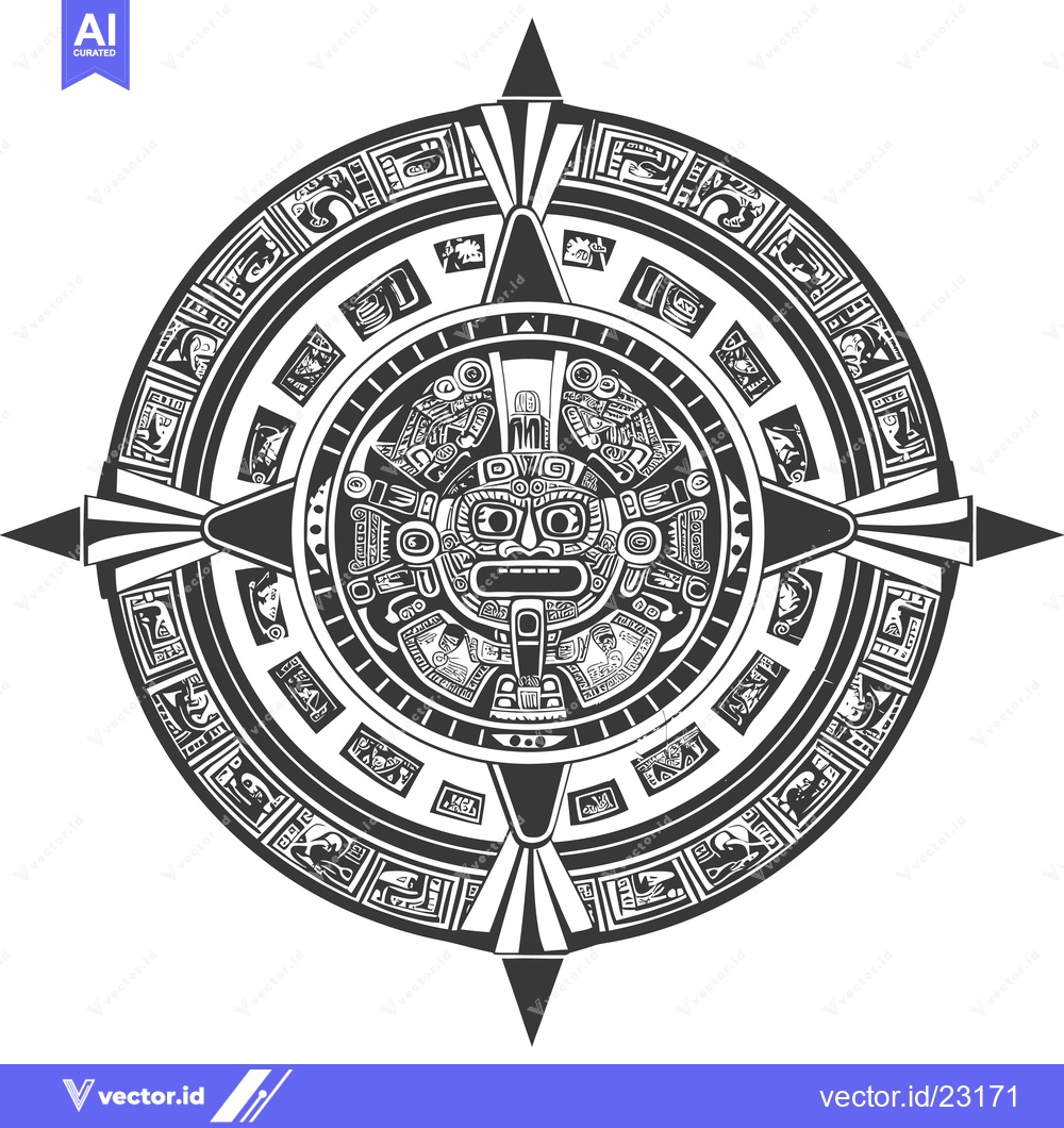 Premium Vector dari Black and White Aztec Calendar with Central Face