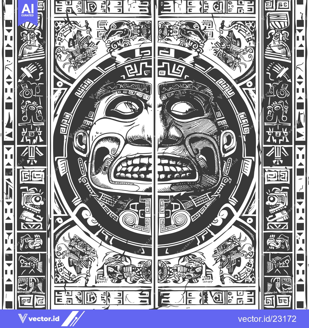 Premium Vector dari Black and White Aztec Design with a Central Face