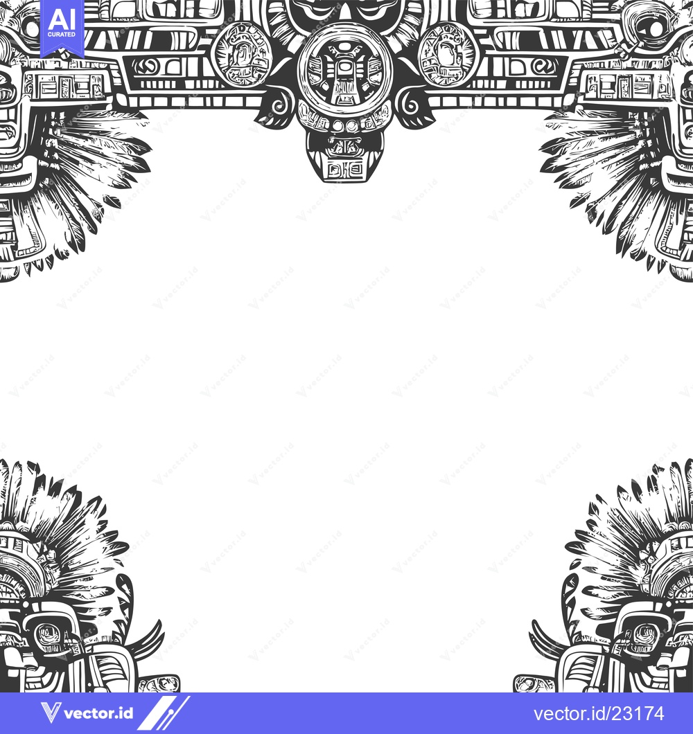 Premium Vector dari Black and White Aztec-Inspired Frame with Feathered Headresses