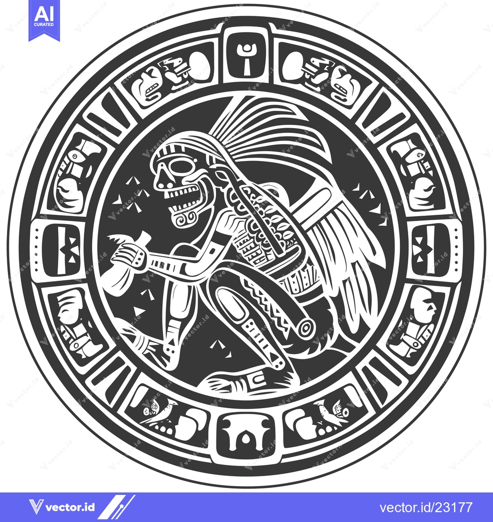 Premium Vector dari Black and White Aztec Style Round Illustration with a Skull Faced Crea