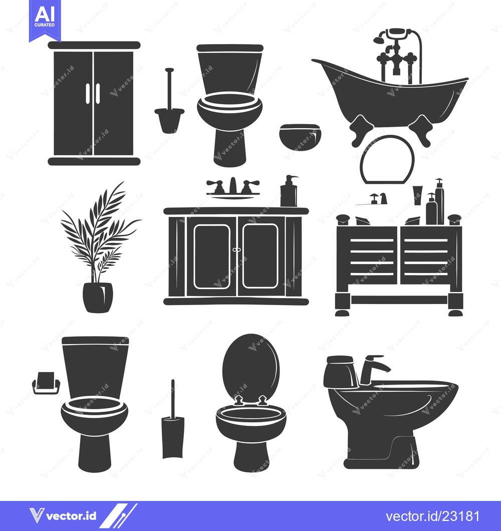 Premium Vector of Black and White Bathroom Fixtures Silhouettes