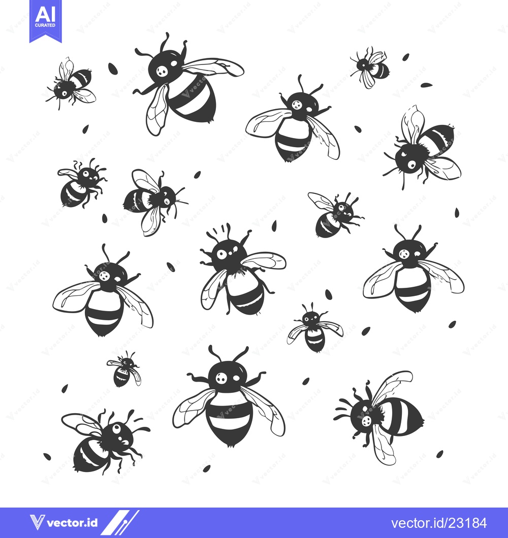 Premium Vector of Black and White Bees in Flight with Scattered Pollen