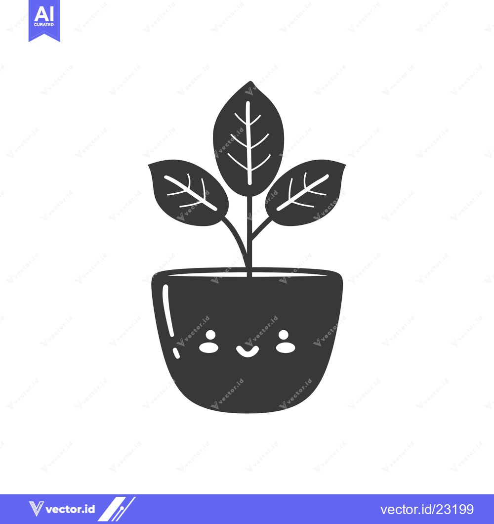 Premium Vector of Black and white cartoon illustration of a potted plant with a smiley f